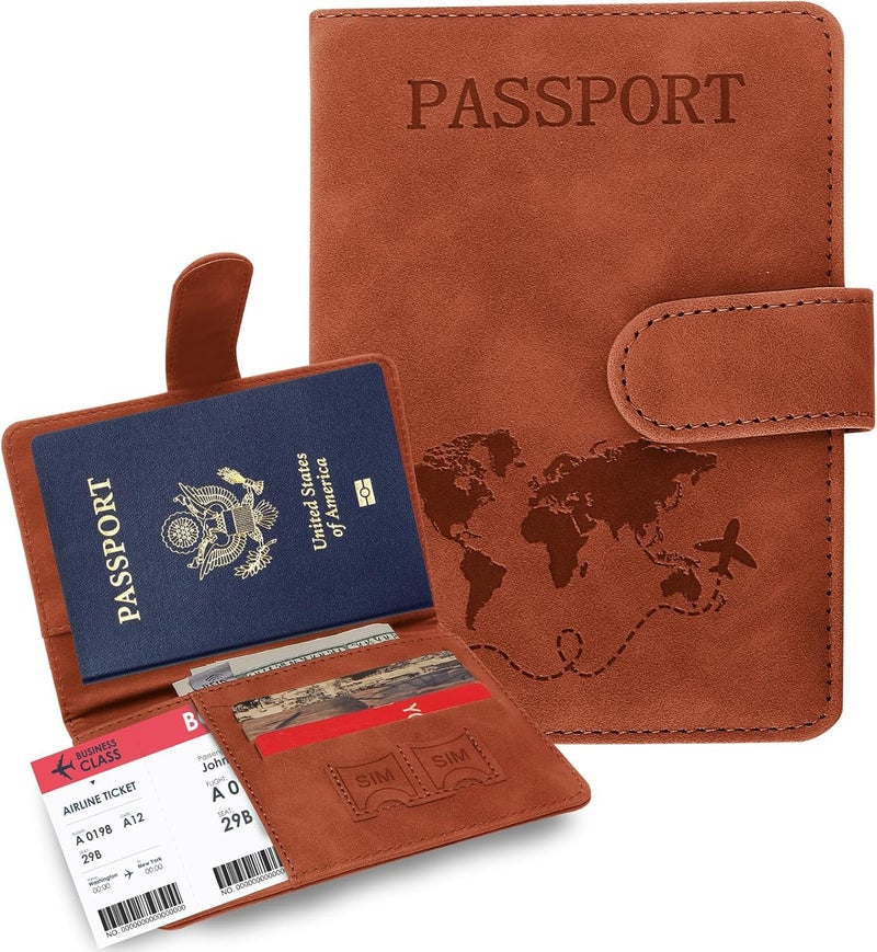Sovirose Passport Holders, RFID Blocking Credit Card Holder, PU Leather Passport Holders for Travel with Magnetic Buckle, Travel Must Haves Cruise Ship Essentials for Men, Women (Brown) - Image 1